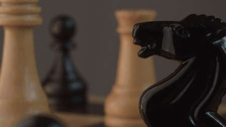 Extreme close up wooden classic chess pieces. Texture, background. Macro shotの写真素材