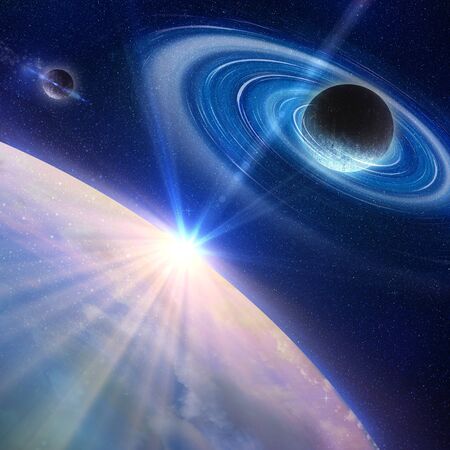 planet with sunrise on the background of starsの写真素材