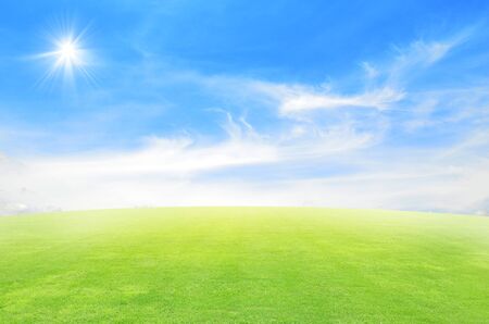 Green field and sky blue with white cloudの写真素材