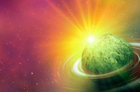 planet with sunrise on the background of starsの写真素材