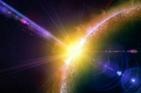 One red planet in deep space. Black space with white stars. Yellow Sunset.の写真素材
