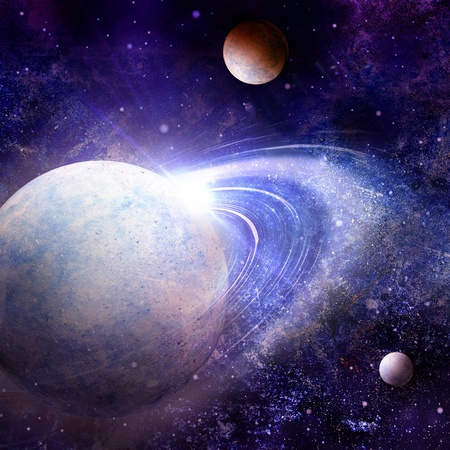 planet with sunrise on the background of stars