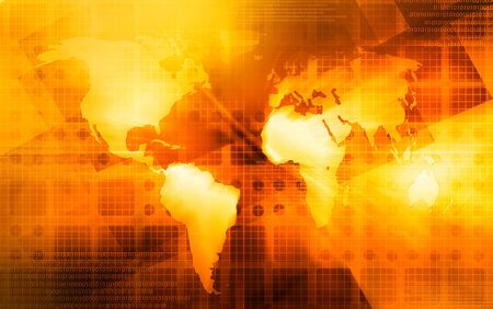 A world map over a yellow/orange backgroundの写真素材