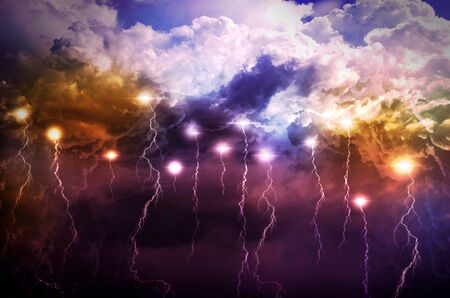 Mysterious background - lightnings in dark skyの写真素材