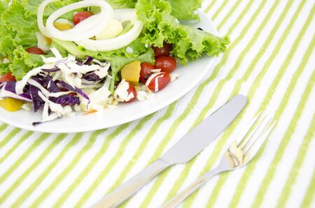 Fresh salad is in a dish on a green backgroundの写真素材