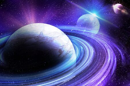 planet with sunrise on the background of starsの写真素材
