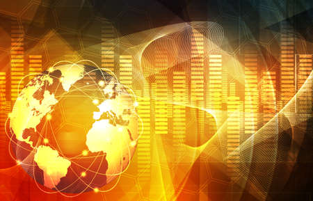 A world map over a yellow/orange backgroundの写真素材