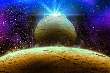 planet with sunrise on the background of starsの写真素材