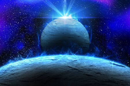 planet with sunrise on the background of stars