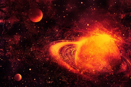 planet with rings at sunrise on the background of the cosmos