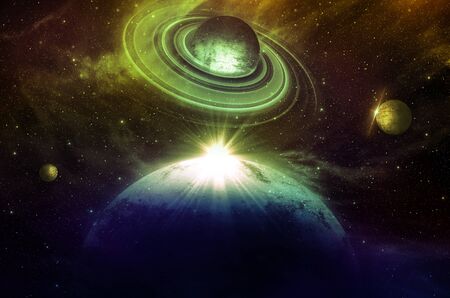 planet with sunrise on the background of starsの写真素材