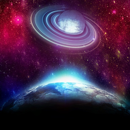 planet with sunrise on the background of starsの写真素材
