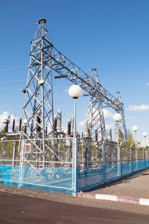 Electric power station in blue cloudy skyの写真素材