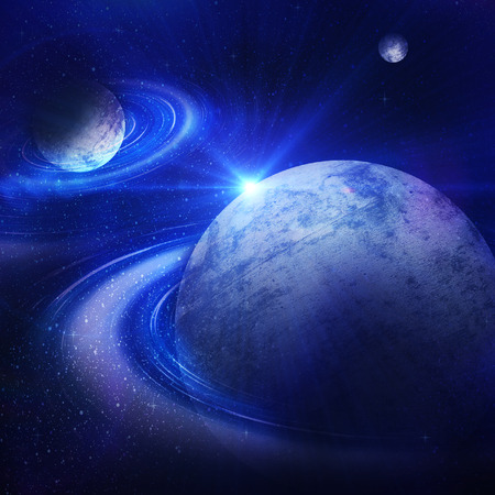 planet with sunrise on the background of starsの写真素材
