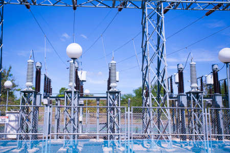 Electric power station in blue cloudy skyの写真素材