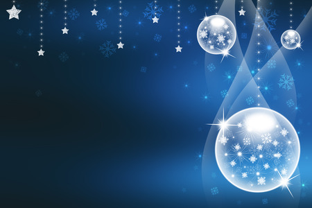 Christmas balls,streamers over background with snowflakesの写真素材