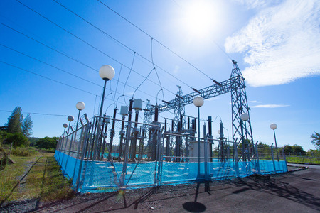 Electric power station in blue cloudy skyの写真素材