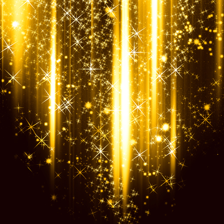 Golden holiday background with shiny particles and lightsの写真素材