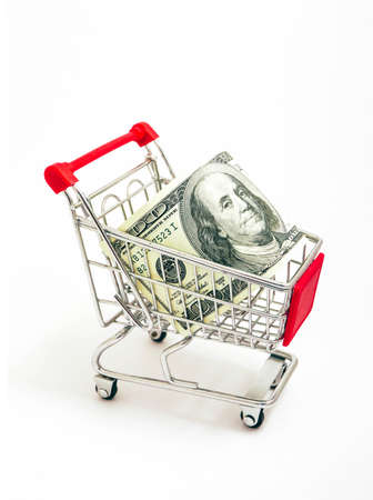 Metal basket with an American 100 dollar banknote in it. Consumption, shopping concept, pushcart.の写真素材