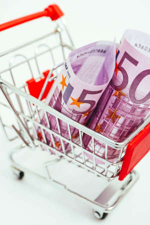 Metal basket with an Euro 500 banknote in it. Consumption, shopping concept, pushcart.