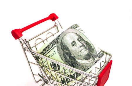 Metal basket with an American 100 dollar banknote in it. Consumption, shopping concept, pushcart.の写真素材