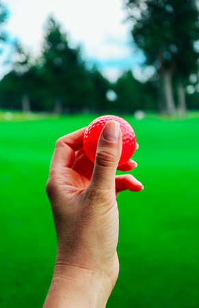 Golf pink ball hold in a woman's hand, green course grass, blue sky.の写真素材