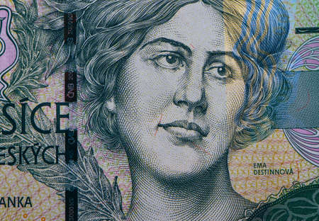 Czech republic currency koruna, banknote pattern background, close up. Photo depicts Czech cash shiny korun czk metal coins, close up, macro view.の写真素材