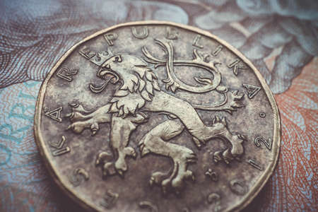 Czech republic currency koruna, banknote pattern background, close up. Photo depicts Czech cash shiny korun czk metal coins, close up, macro view.の写真素材
