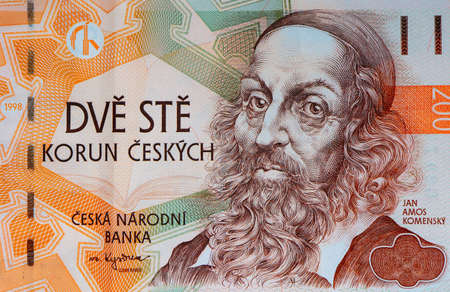 Czech republic currency koruna, banknote pattern background, close up. Photo depicts Czech cash shiny korun czk metal coins, close up, macro view.の写真素材
