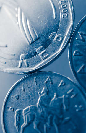 Bulgarian money, metal coins background. 1 leva, BGN currency, macro view. Finance, banking and business in Bulgaria concept.の写真素材