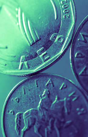Bulgarian money, metal coins background. 1 leva, BGN currency, macro view. Finance, banking and business in Bulgaria concept.の写真素材