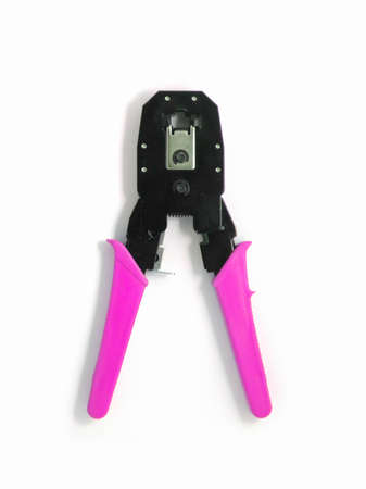Registered Jack crimper tool, isolated on a white background. Network jumper knife colored black and pink. Close up, top view.の写真素材