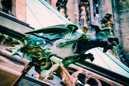 Czech architecture, scary gargoyle sculpture, gothic temple decoration. Medieval art, mystic...