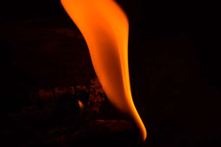 Colorful fire flame, burning wood at the fireplace. Firewood log in the fire chimney, closeup.