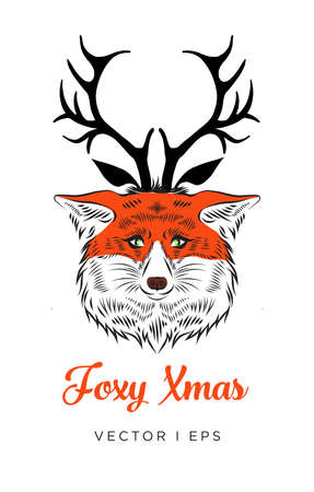 Vector editable isolated fox head decorated with deer horns hat. Hand drawn sketch of a fox in Christmas costume tattoo.のイラスト素材