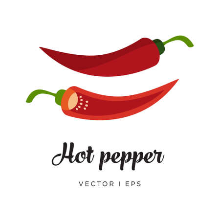 Red hot spicy chili pepper and a half of paprika with seeds, vector editable illustration. Simple flat style.のイラスト素材