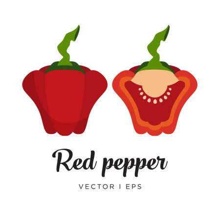 Red bell pepper and a half of paprika with seeds, editable vector illustration. Simple flat style.のイラスト素材