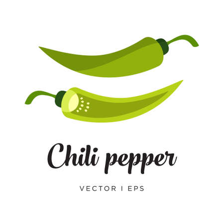 Green hot spicy chili pepper and a half of paprika with seeds, vector editable illustration. Simple flat style.のイラスト素材