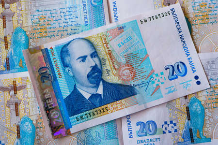 Bulgarian currency BGN banknote, 20 leva, macro. Depicts a portraiture of Stefan Stambolov, politician, journalist and revolutionist.の写真素材