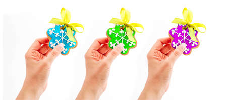 Female hands holding homemade gingerbread Christmas cookies, isolated on white. New Year holiday decoration, winter time food.の写真素材