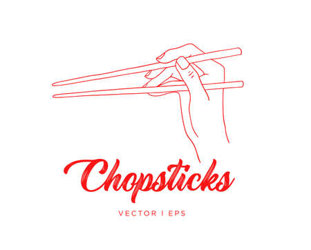Hand drawn simple illustration, woman hand holding chopsticks. Eating with food sticks concept, Asian cutlery, doodling sketch.のイラスト素材