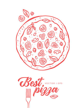 Hand drawn vegetable pizza sketch, made of tomato, basil, mushrooms and olives. Vegetarian food,  pizza line drawing.のイラスト素材