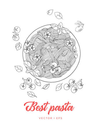 Hand drawn vector pasta sketch, made of tomato, basil and olives. Vegetarian food, pasta line drawing.のイラスト素材