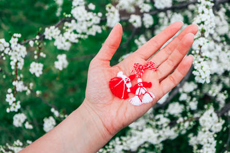 Bulgarian traditional spring decor martenitsa, hold in hand, blossom tree background. Baba Marta holiday.の写真素材