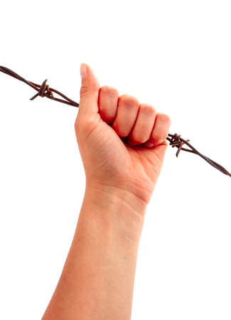 Prisoners hand, holding a barbed wire fence, isolated on white. Restricted area, freedom struggle, jail prison terror, jailbreak concept.の写真素材