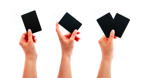 A set of female hand showing black cards, isolated on white background. Penalty punishment concept.の写真素材