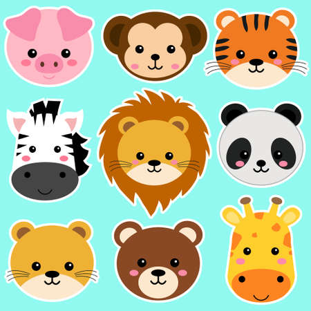 Cute wild animal heads set including lion, tiger, pig, bear, lioness, panda, monkey, zebra, and...
