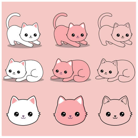 Set of cats, flat icons. Vector illustration drawing outline for coloring pagesのイラスト素材