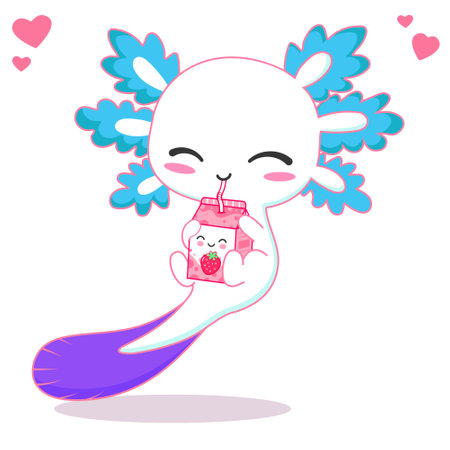 kawaii axolotl drinking strawberry milk tea cartoon vector illustrationのイラスト素材