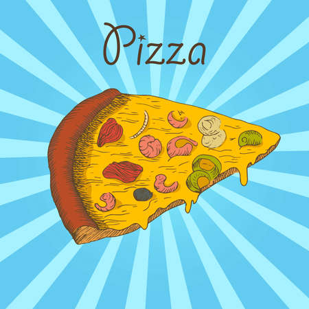 Piece of pizza on retro radial background with lettering. Tomatoes and sausage cheese and greens. Crispy crust. tortilla isolated on backdrop. Italian traditional foodのイラスト素材